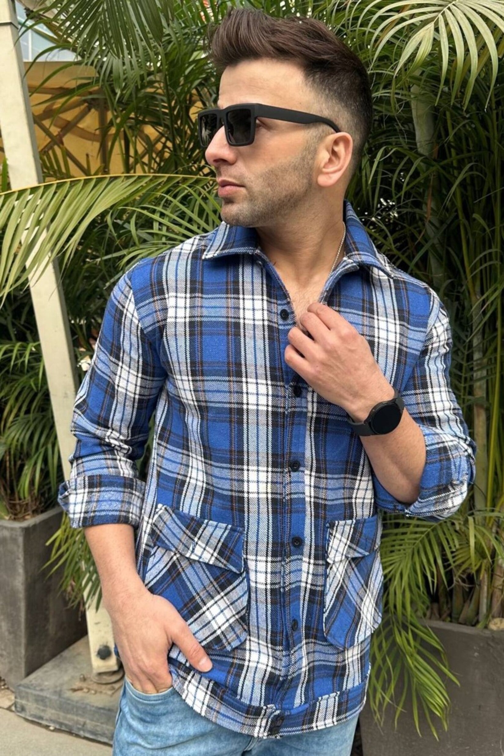 Blue Check Double Pocket Over Shirt