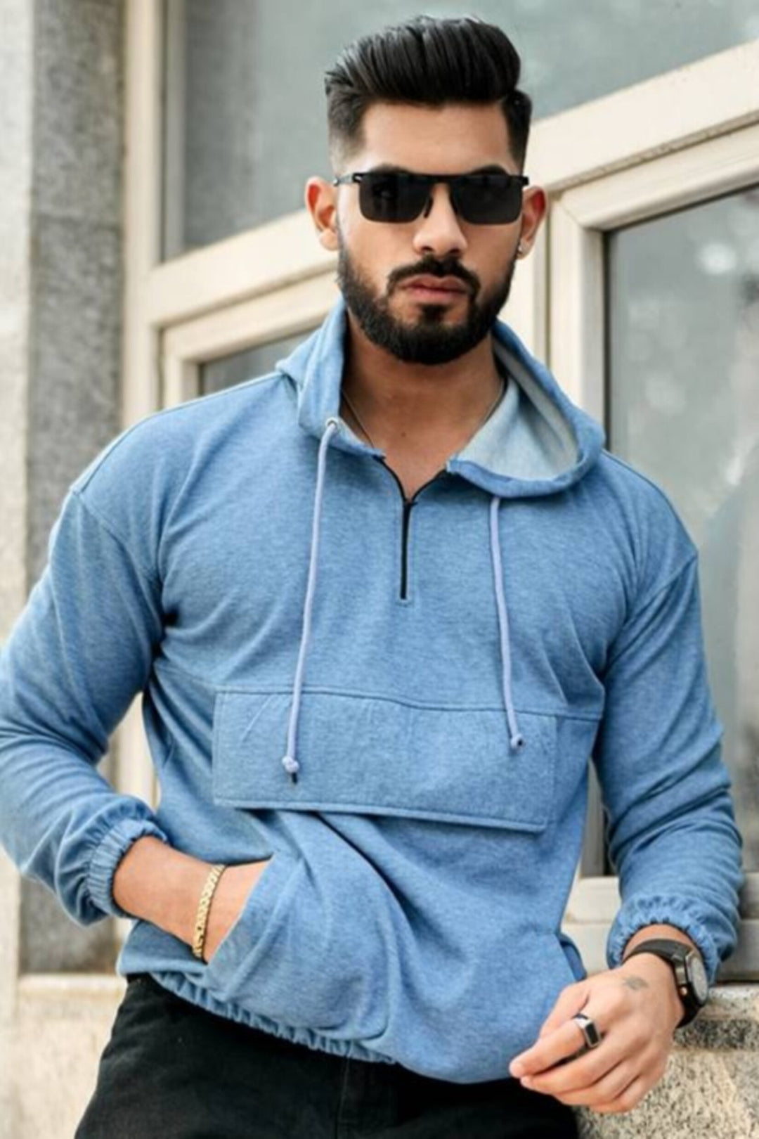 Blue Melange Zipper Hoodie