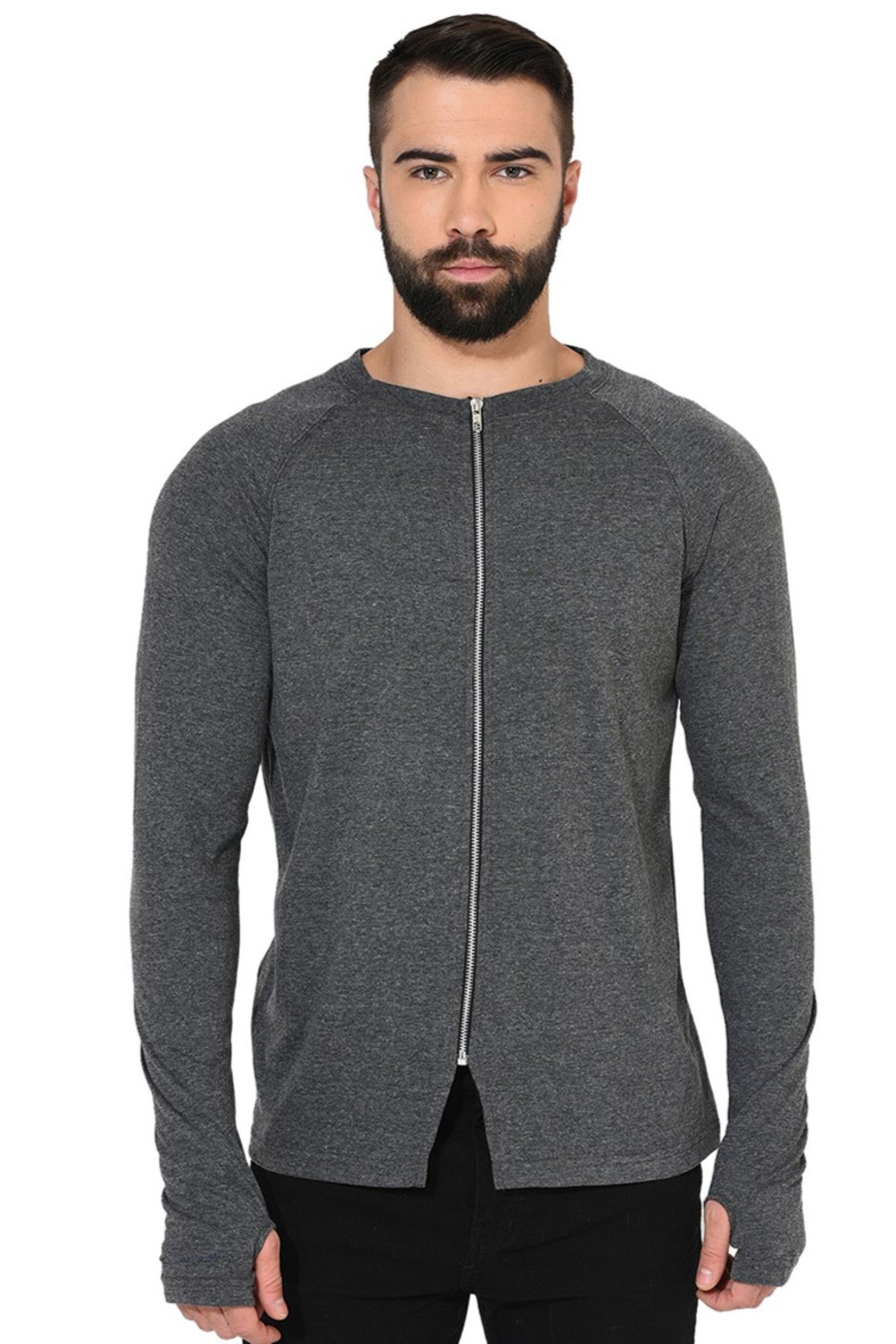 Grey Full Sleeve Zipper Gym T-shirt