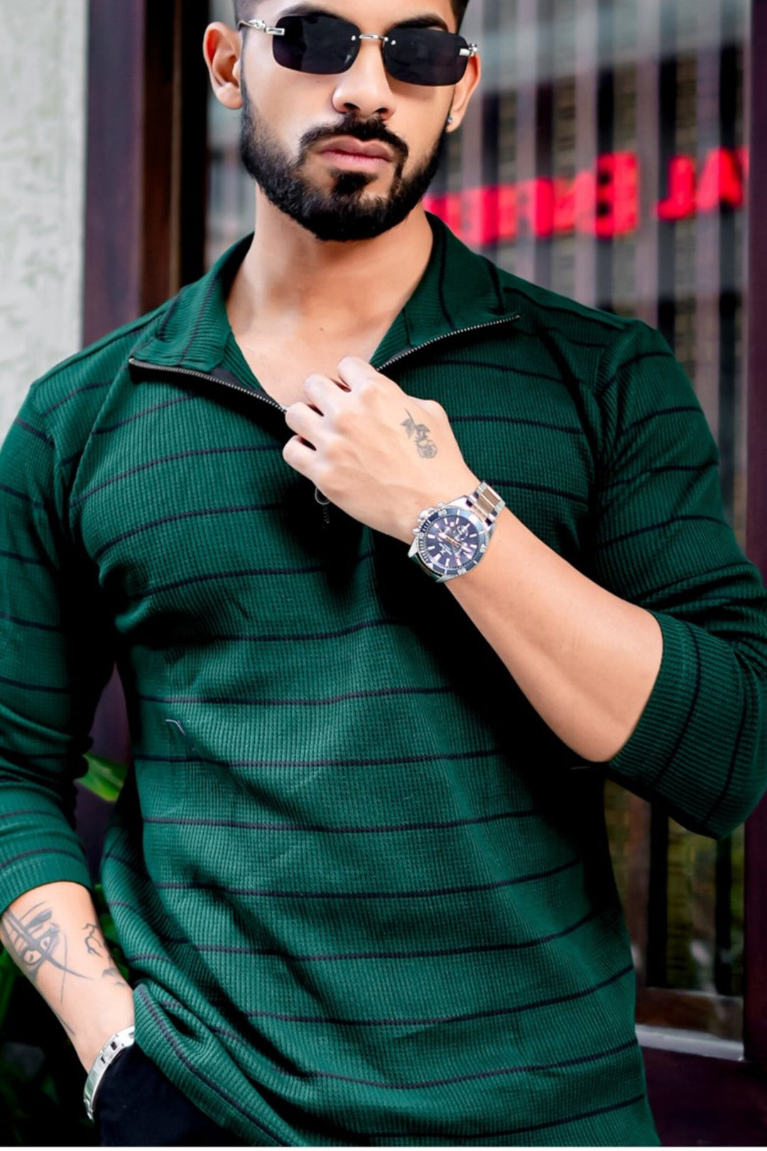 Dark Green Zipper Waffle T-Shirt