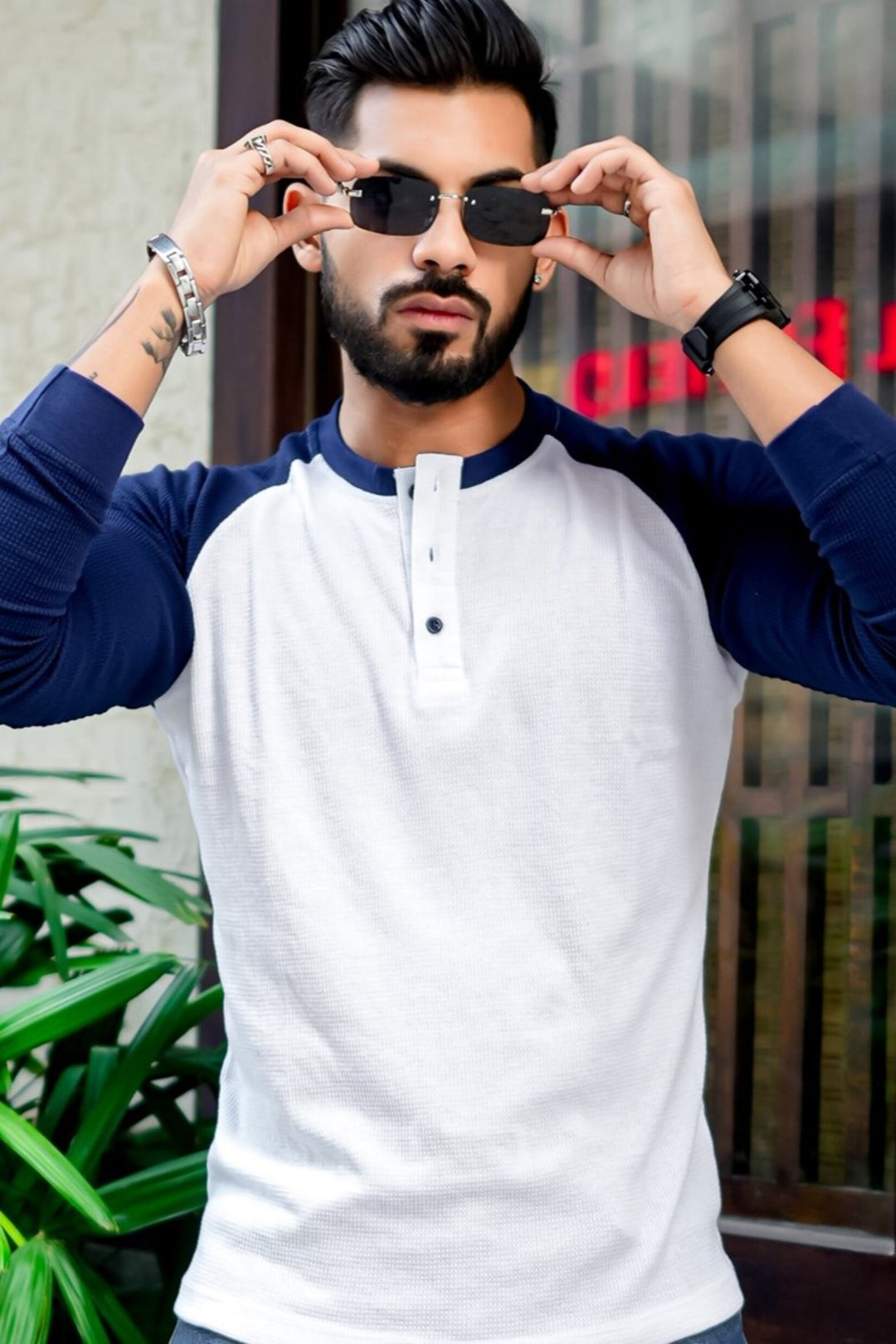 White Navy Waffle Raglan Full Sleeve T-Shirt