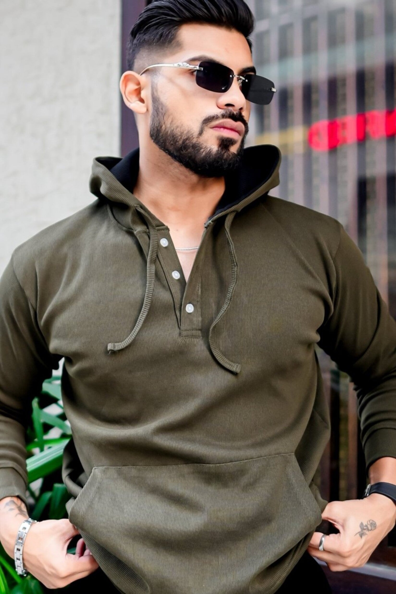 Gritstones Men Olive Hooded Sweatshirt