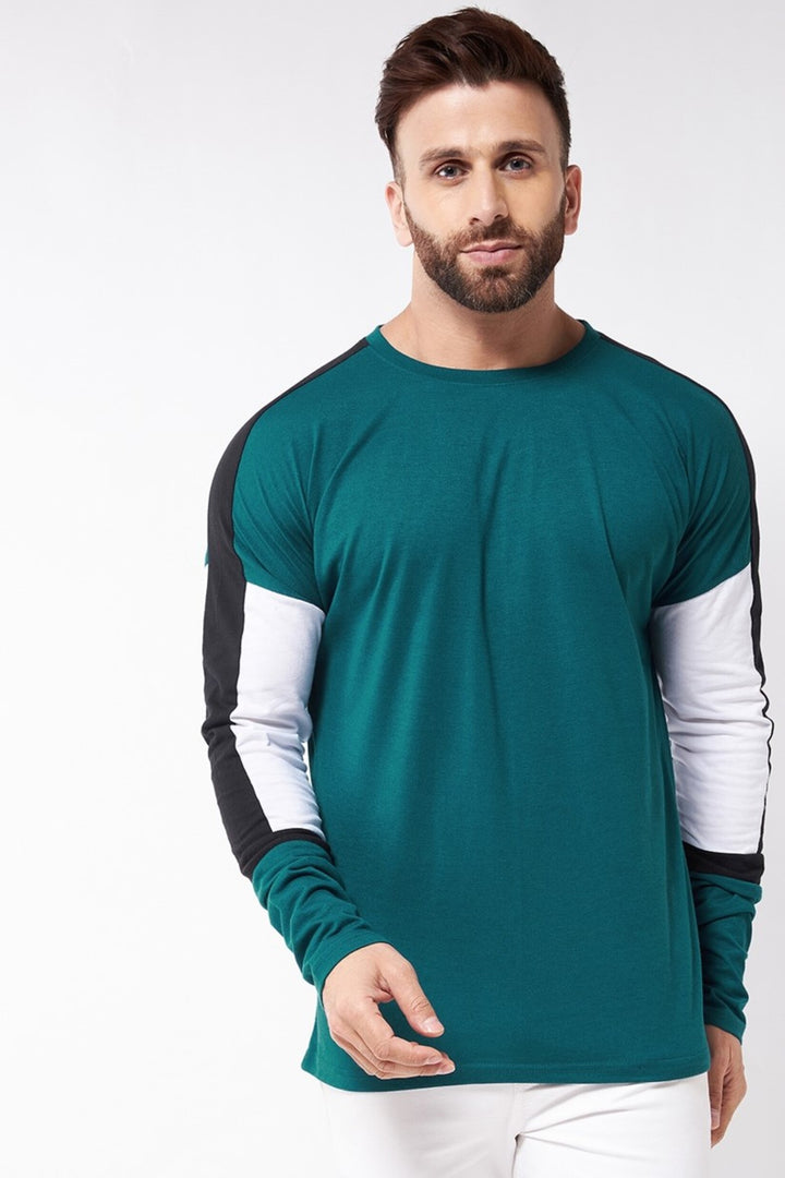 Turquoise and White Full Sleeve Color Block  T-Shirt
