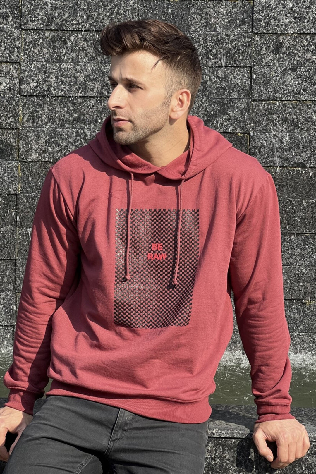 "BE RAW" Full Sleeve Wine Fleece Hoodie
