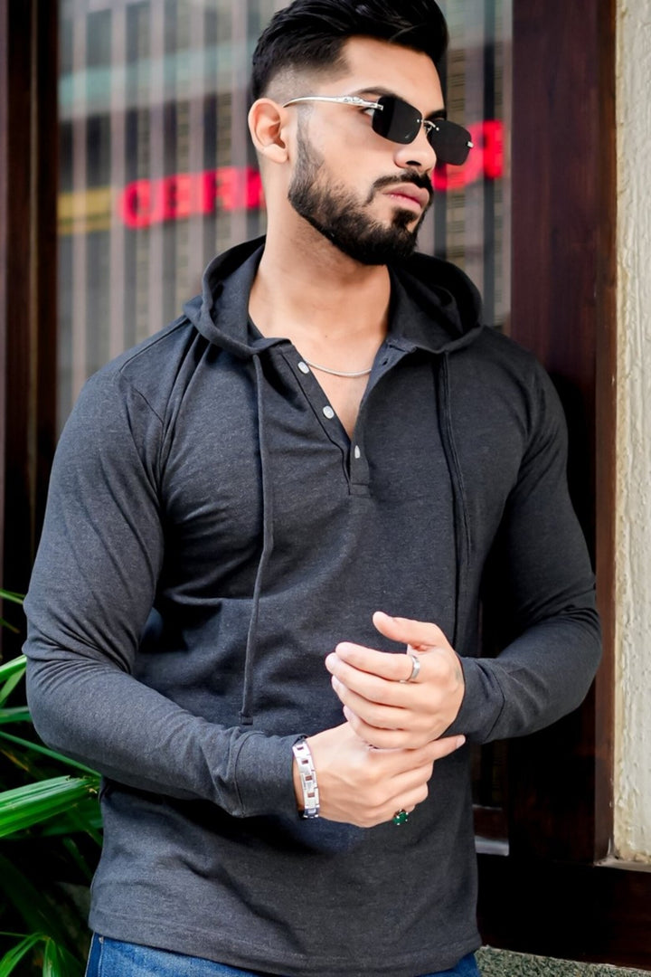Dark Grey Placket Hooded T-shirt