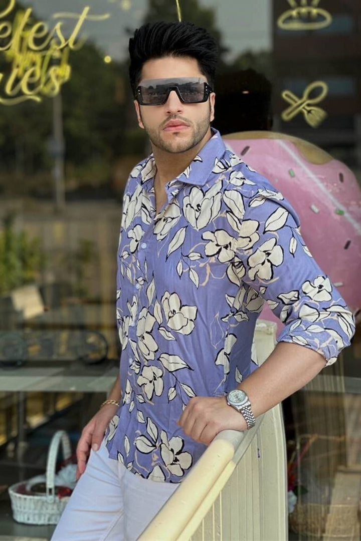 Sky Blue White Floral Rayon Shirt