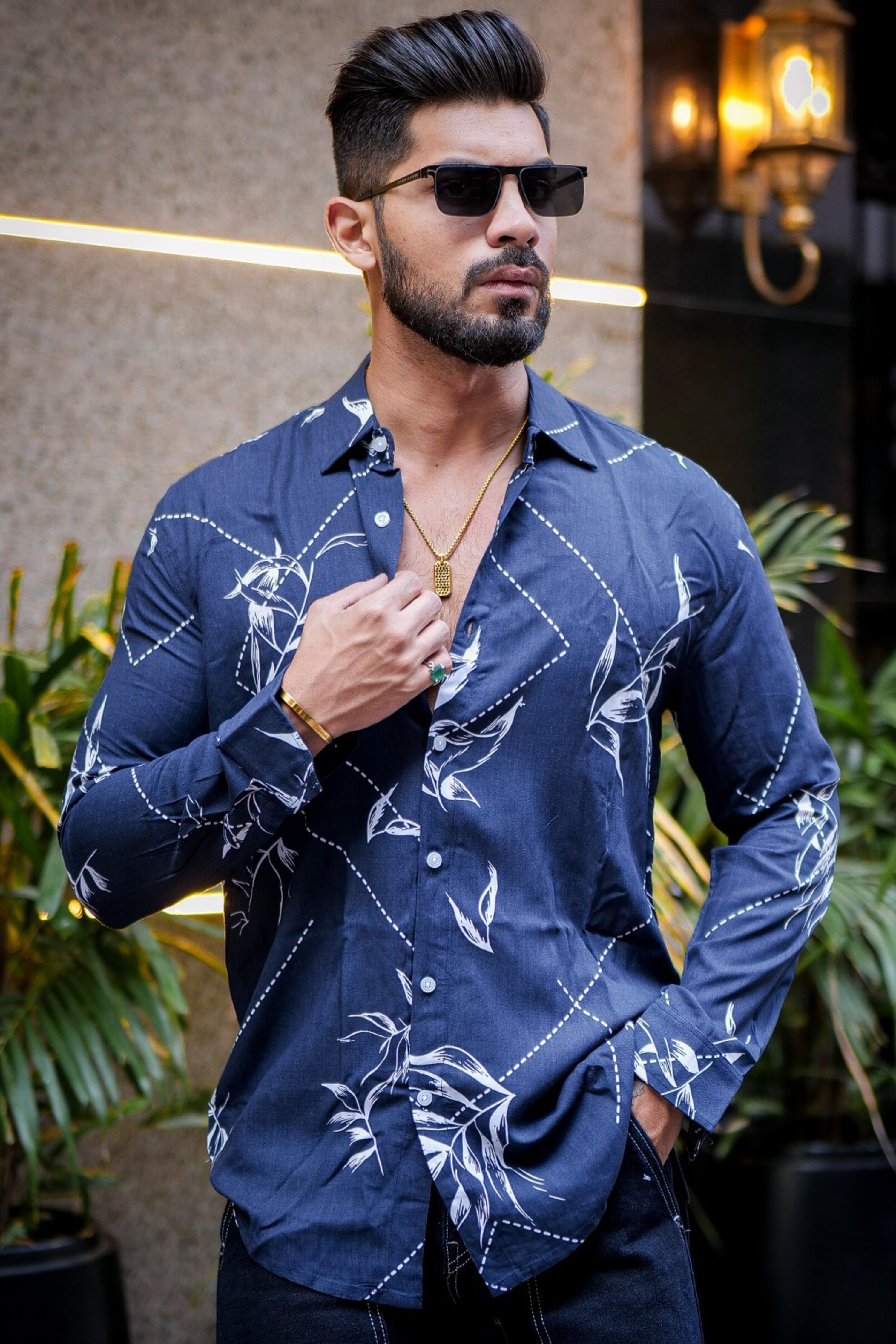 Navy Blue White Floral Printed Shirt