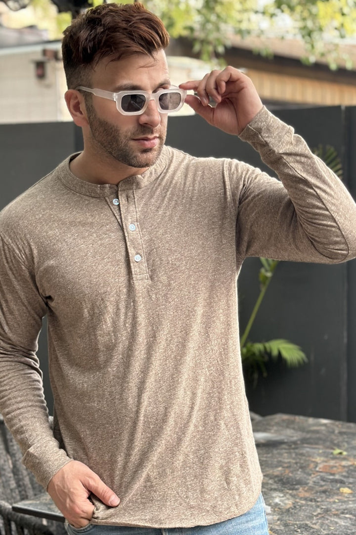 Brown Self Design Henley Neck T-Shirt
