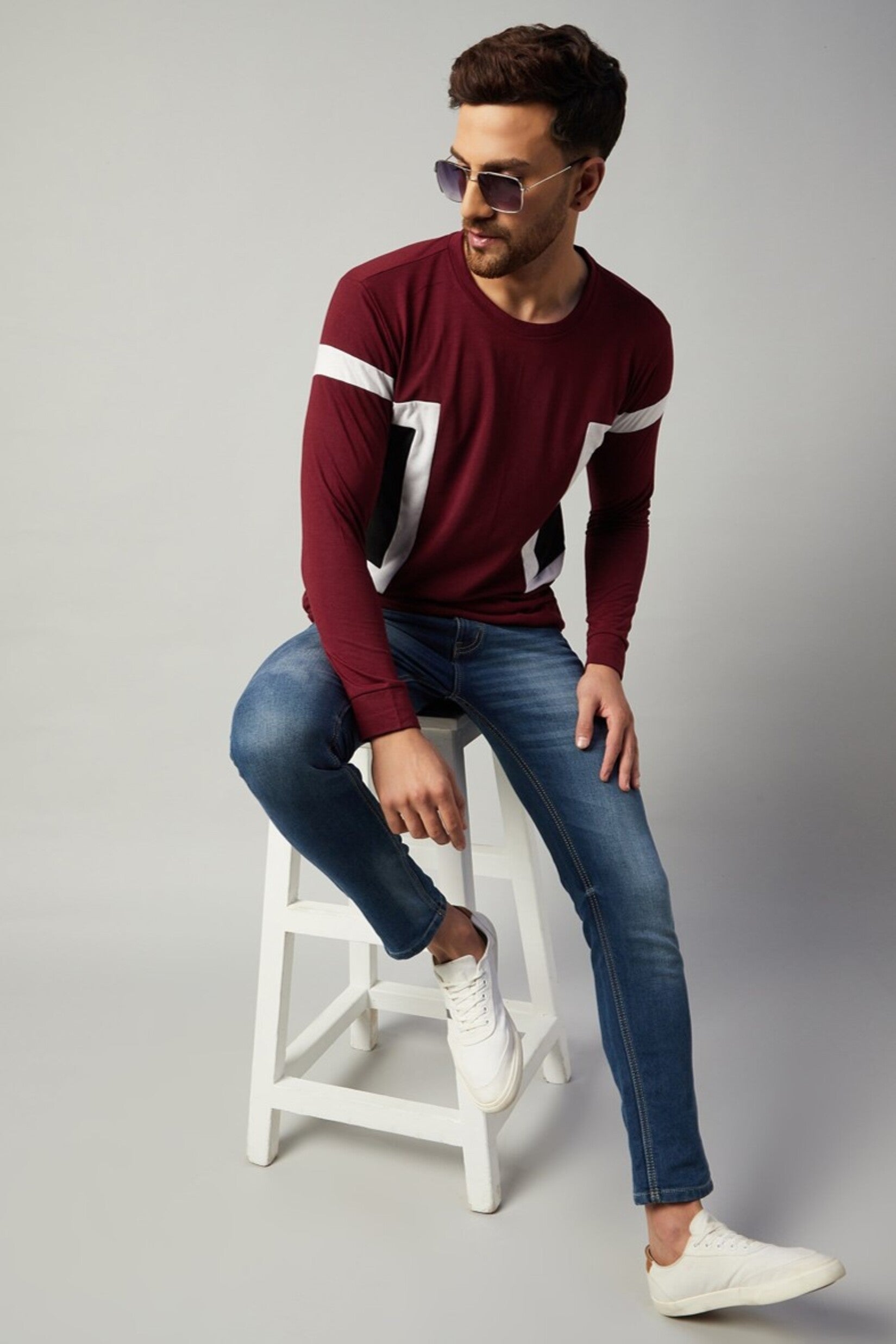 Maroon Full Sleeve Color Block  T-Shirt