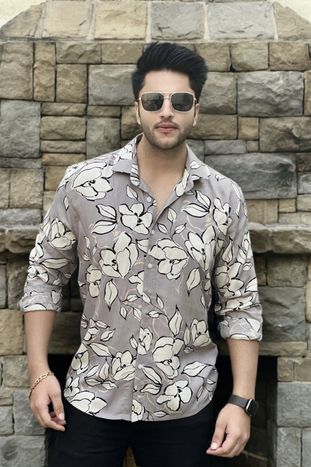 Grey White Floral Rayon Shirt