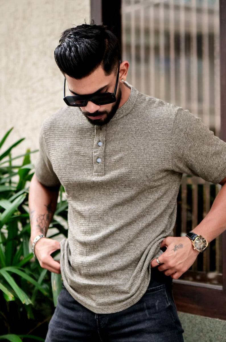 Grey Half Sleeves Self Design Waffle Henley T-shirt
