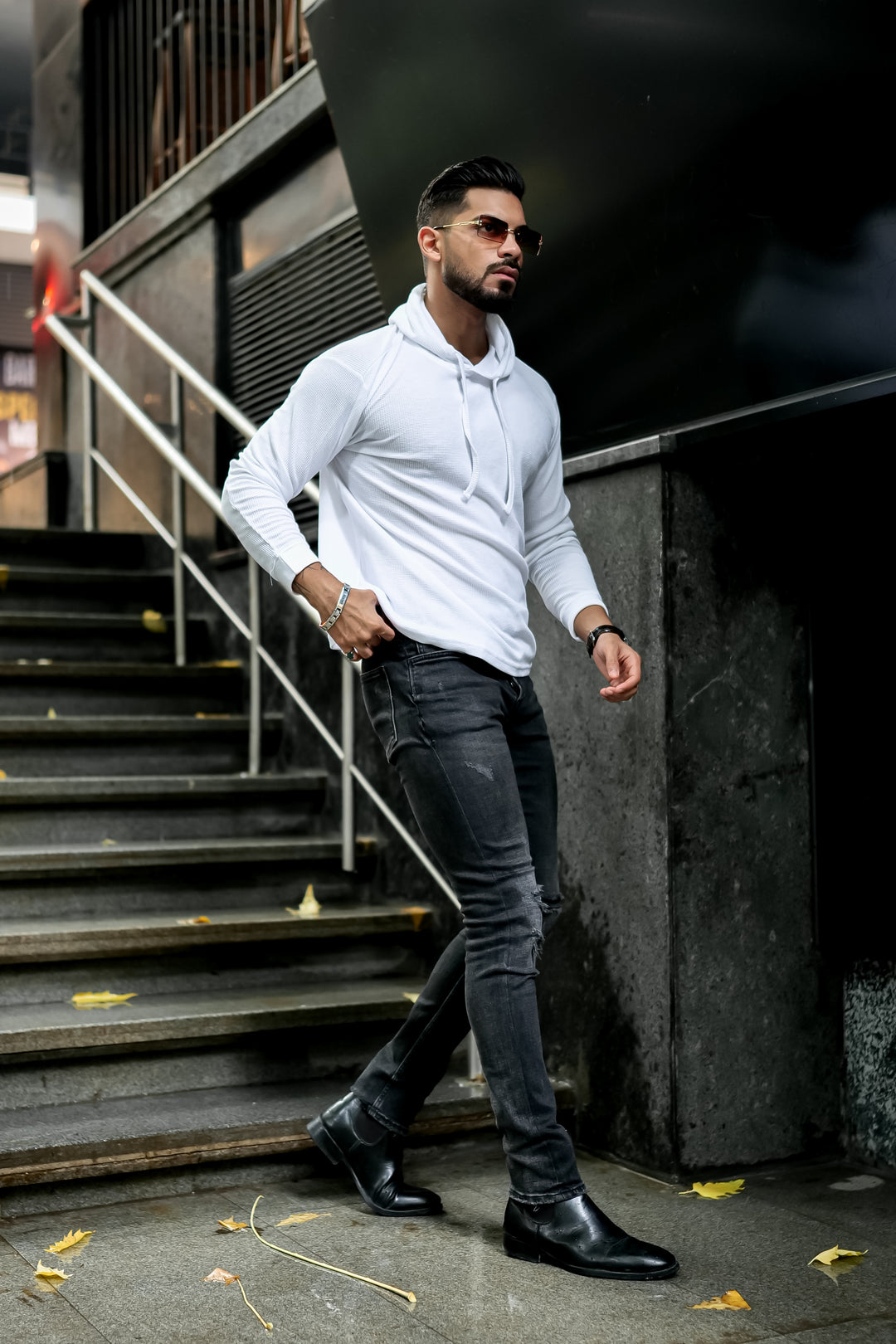 White Waffle Hooded T-Shirt