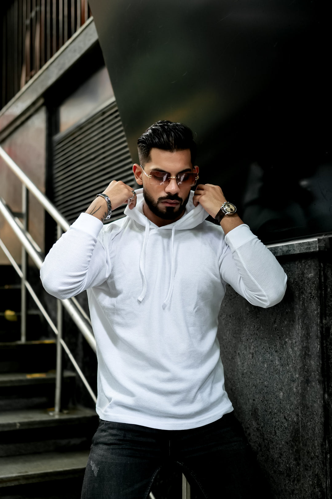 White Waffle Hooded T-Shirt
