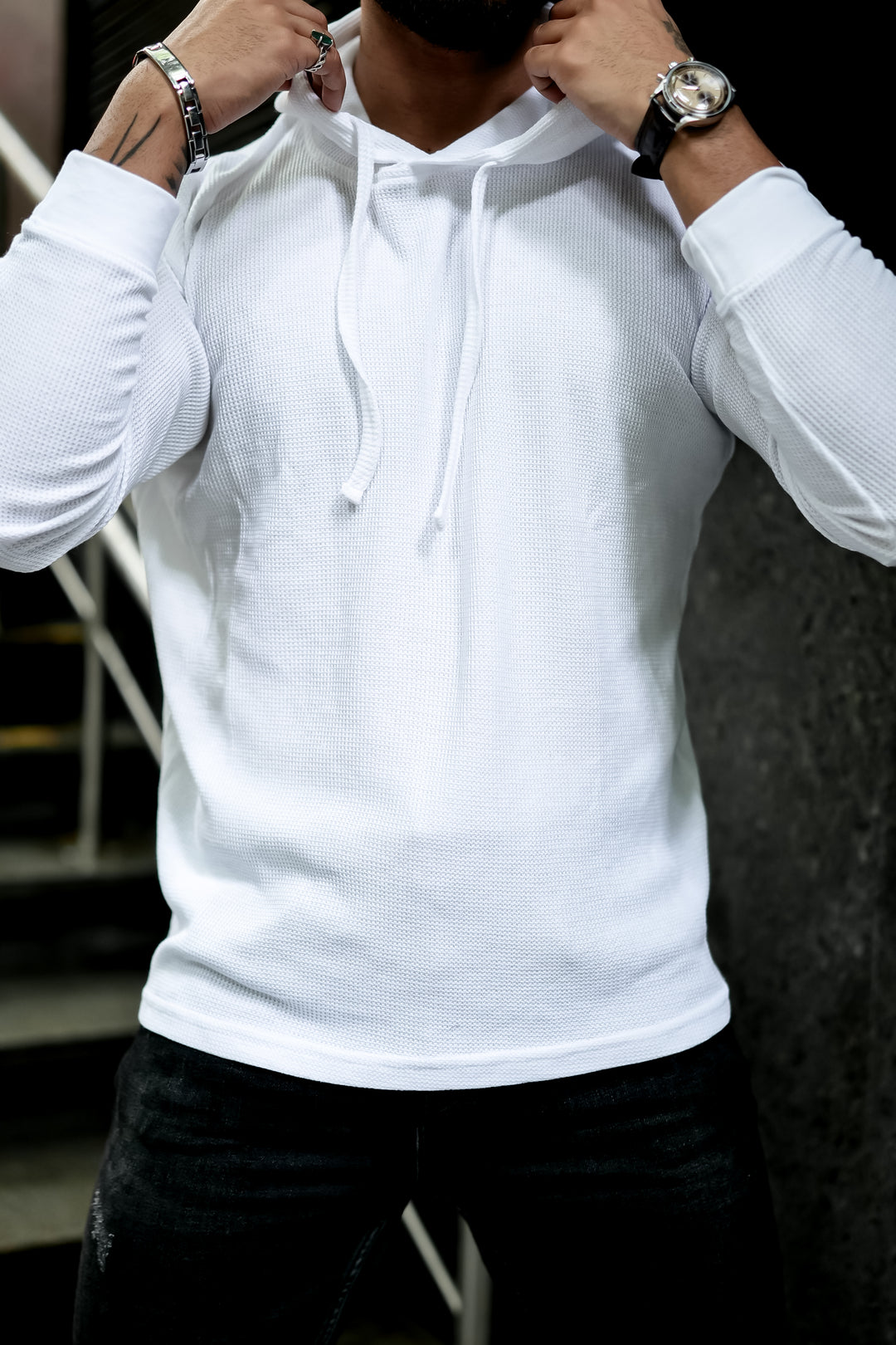 White Waffle Hooded T-Shirt