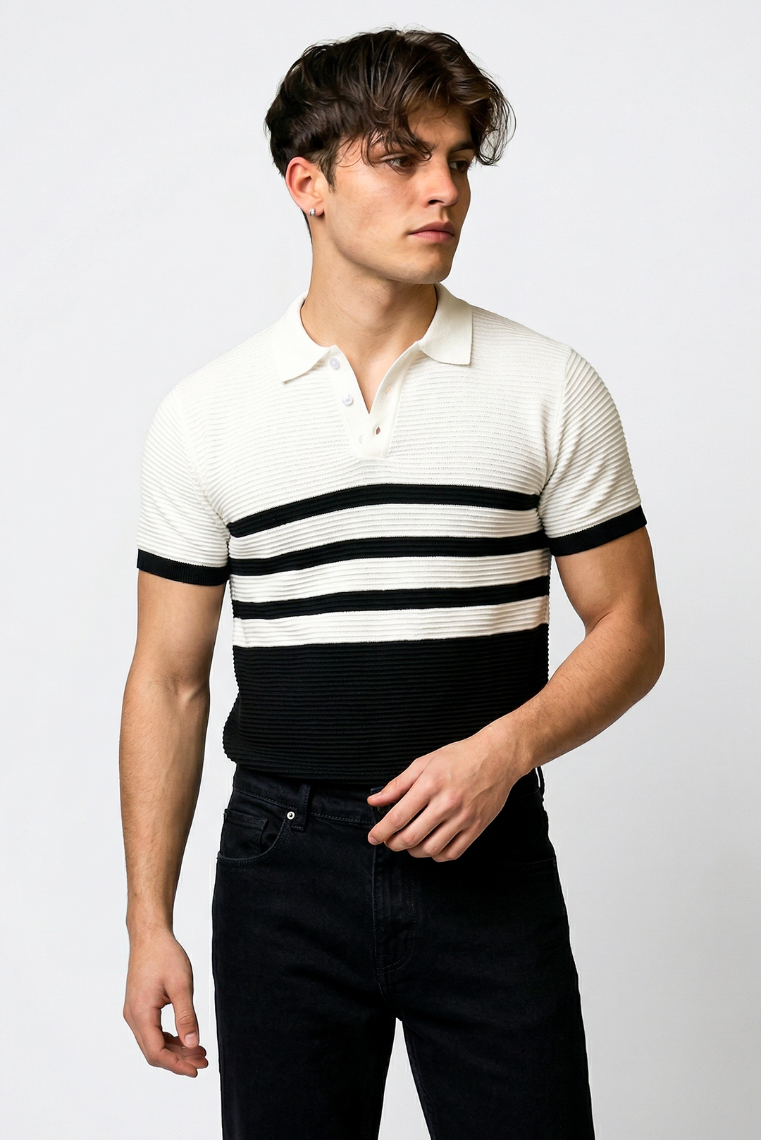 White Premium Flat Knit Stripe Polo T-Shirt