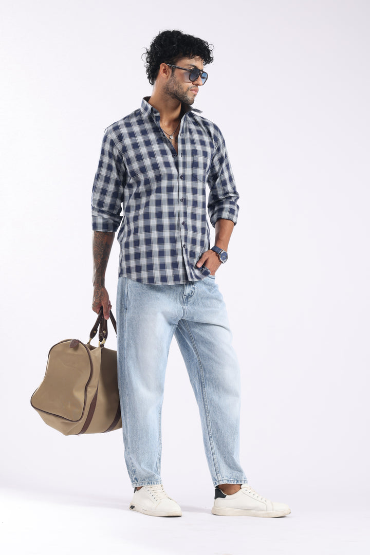 Navy Blue Checked Full Sleeve Casual Shirt