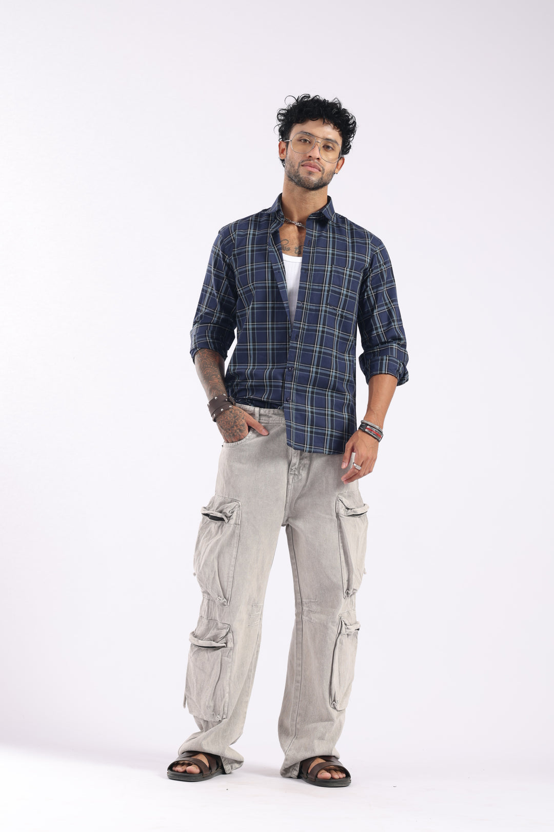 Navy-Color Plaid Checked Casual Shirt