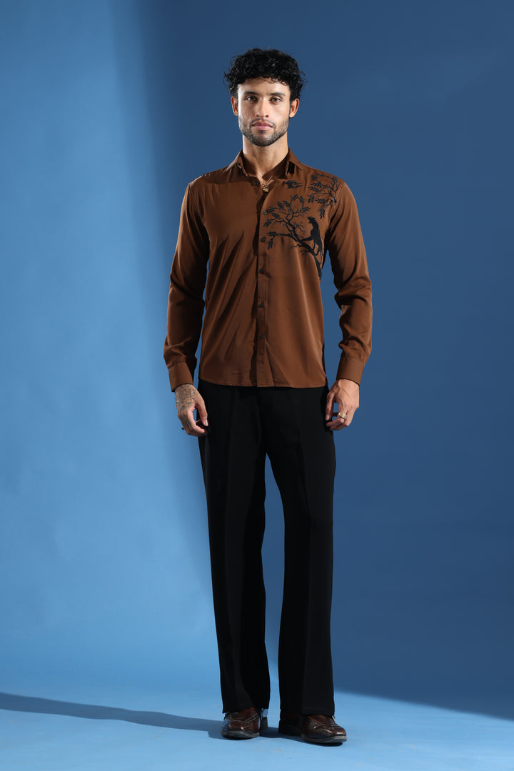 Brown Party Wear Shirt with Black Artistic Tree & Leopard Print