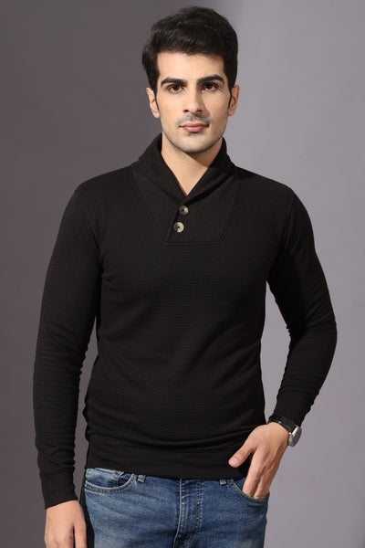 Black Self Design Cowl Neck T-Shirt