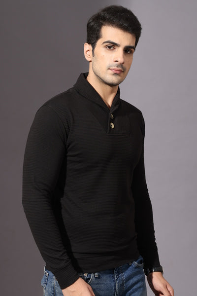 Black Self Design Cowl Neck T-Shirt