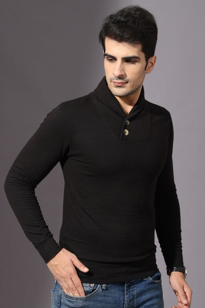 Black Self Design Cowl Neck T-Shirt