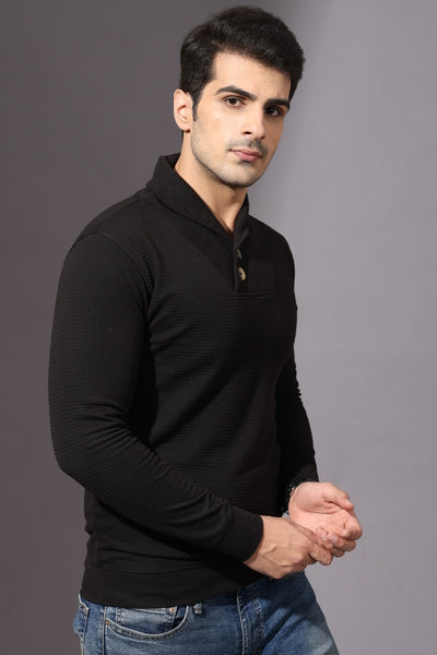 Black Self Design Cowl Neck T-Shirt