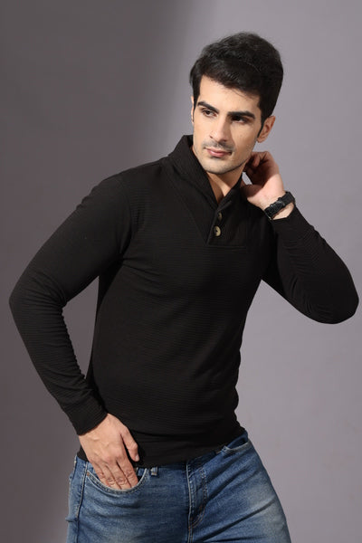 Black Self Design Cowl Neck T-Shirt