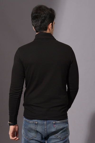 Black Self Design Cowl Neck T-Shirt