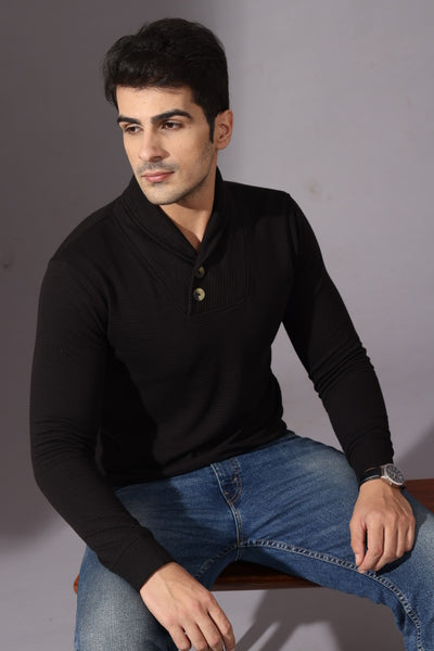 Black Self Design Cowl Neck T-Shirt