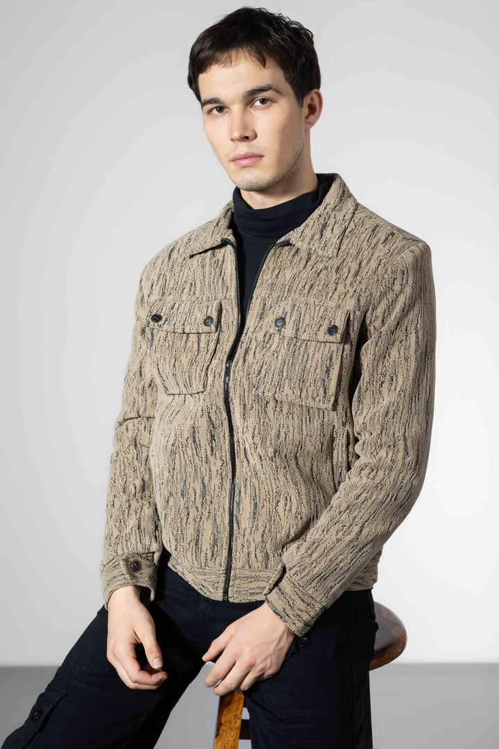 Brown Men Double Pocket Winter Overshirt