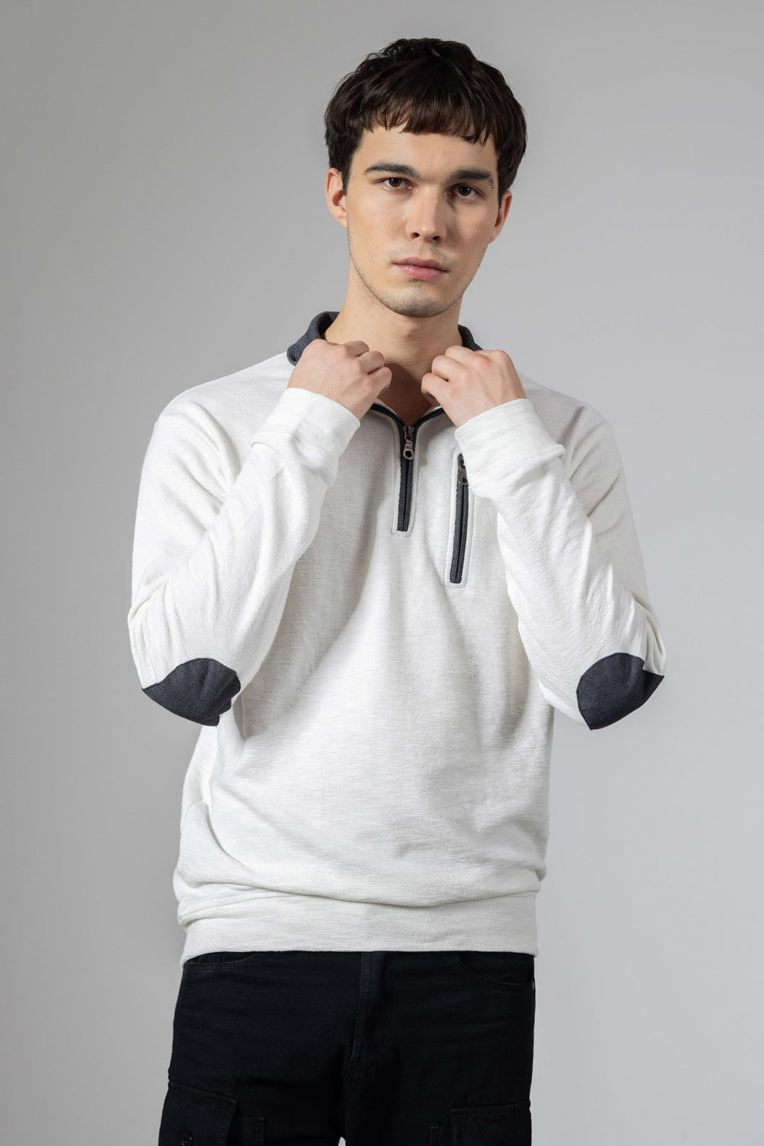 White Self Design Zipper Collar T-Shirt