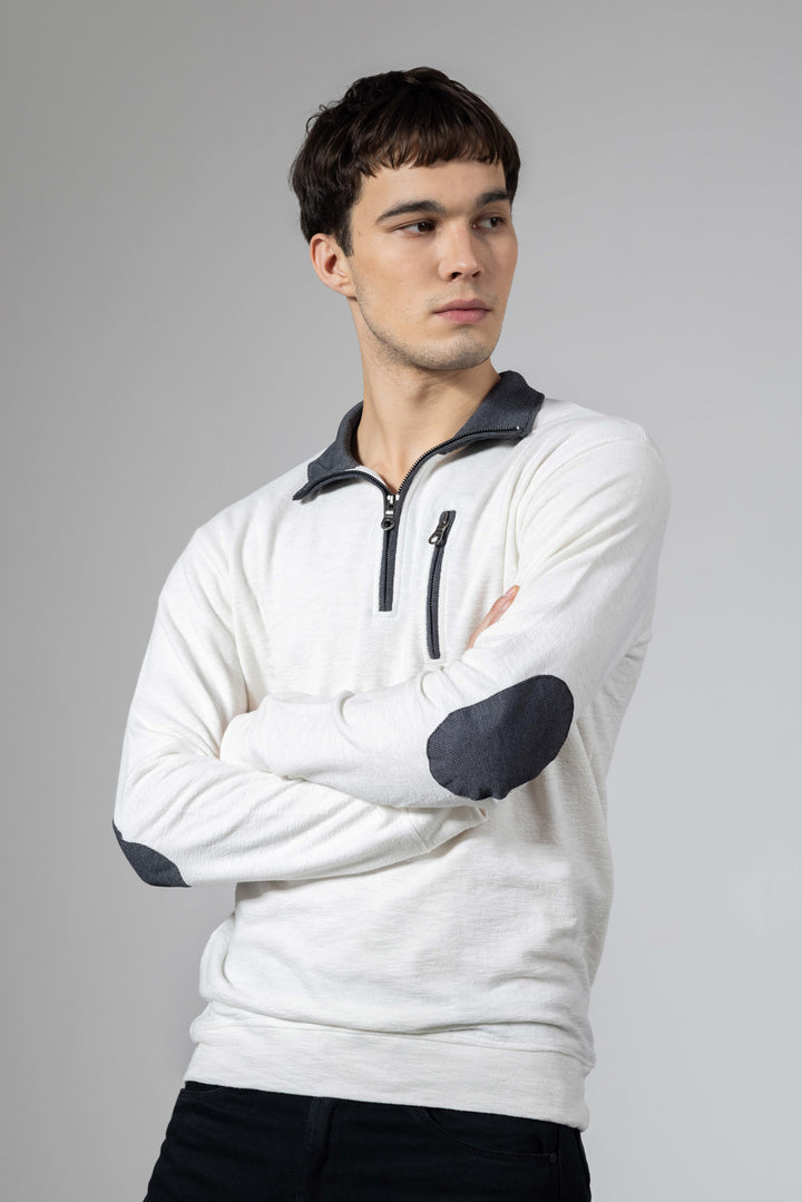 White Self Design Zipper Collar T-Shirt