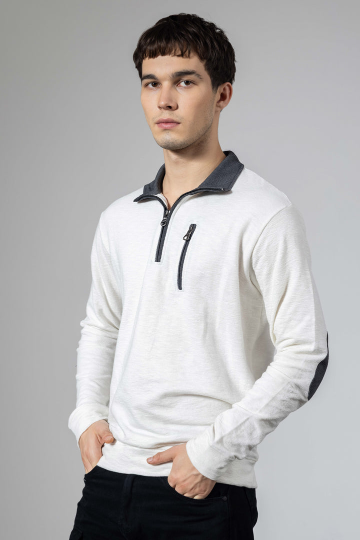 White Self Design Zipper Collar T-Shirt
