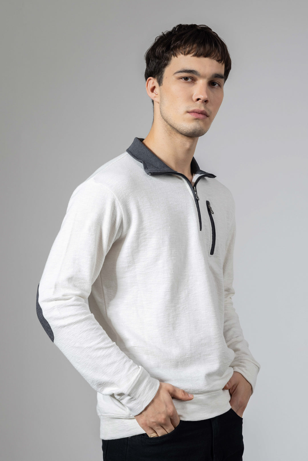 White Self Design Zipper Collar T-Shirt