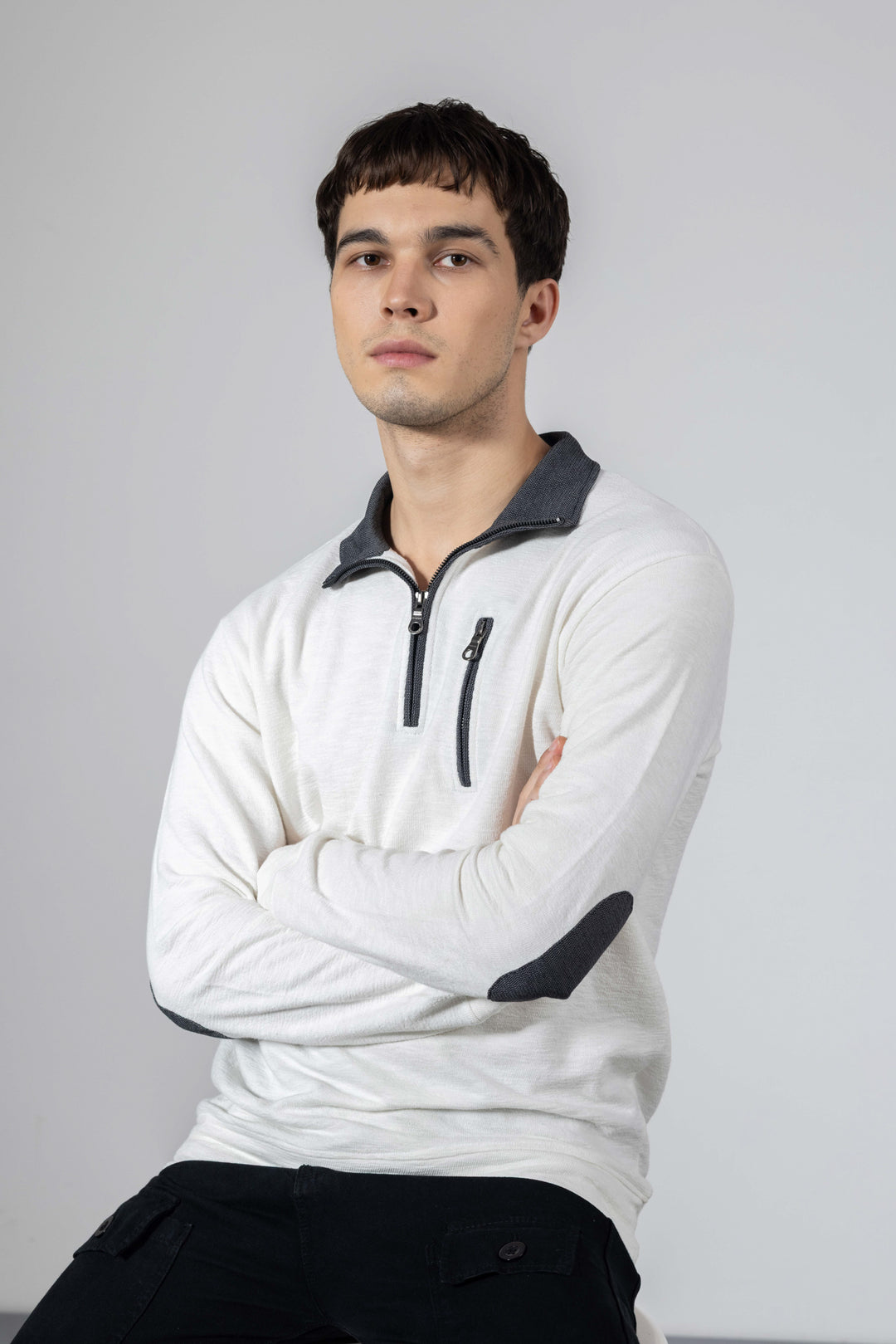 White Self Design Zipper Collar T-Shirt