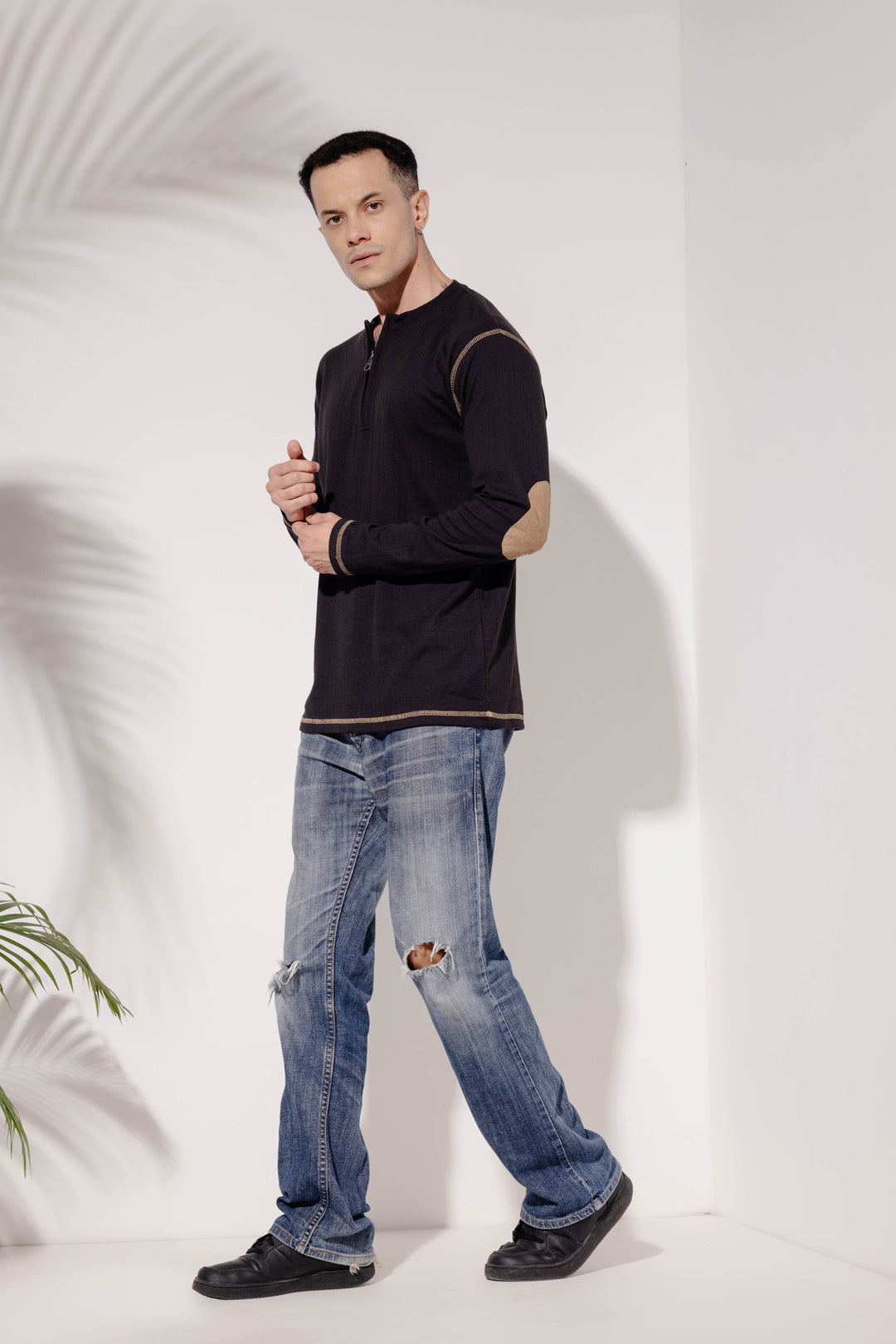 Black Cross Stitched Elbow Patch Waffle Zipper T-Shirt