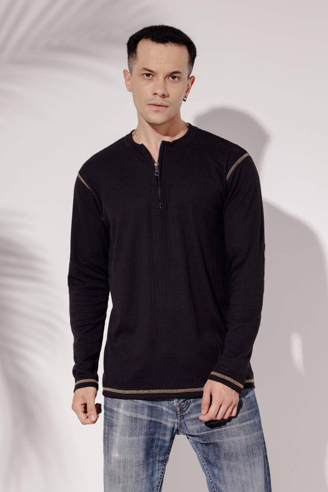 Black Cross Stitched Elbow Patch Waffle Zipper T-Shirt