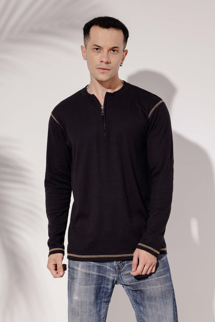 Black Cross Stitched Elbow Patch Waffle Zipper T-Shirt