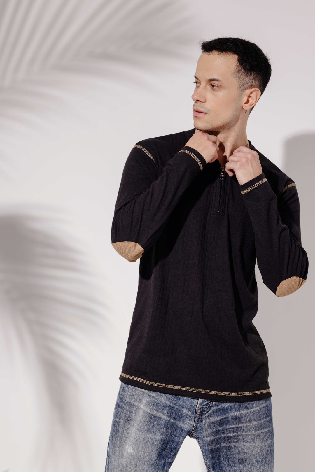 Black Cross Stitched Elbow Patch Waffle Zipper T-Shirt