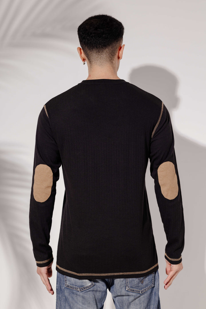 Black Cross Stitched Elbow Patch Waffle Zipper T-Shirt