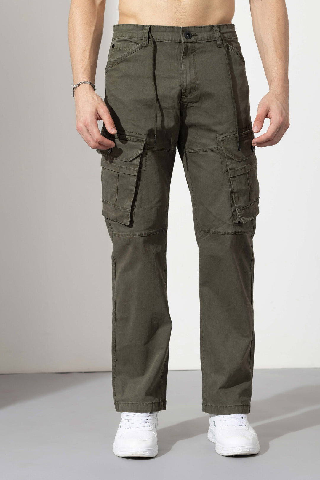 Green Drawstring Closure Multi Pocket Cargo Pants