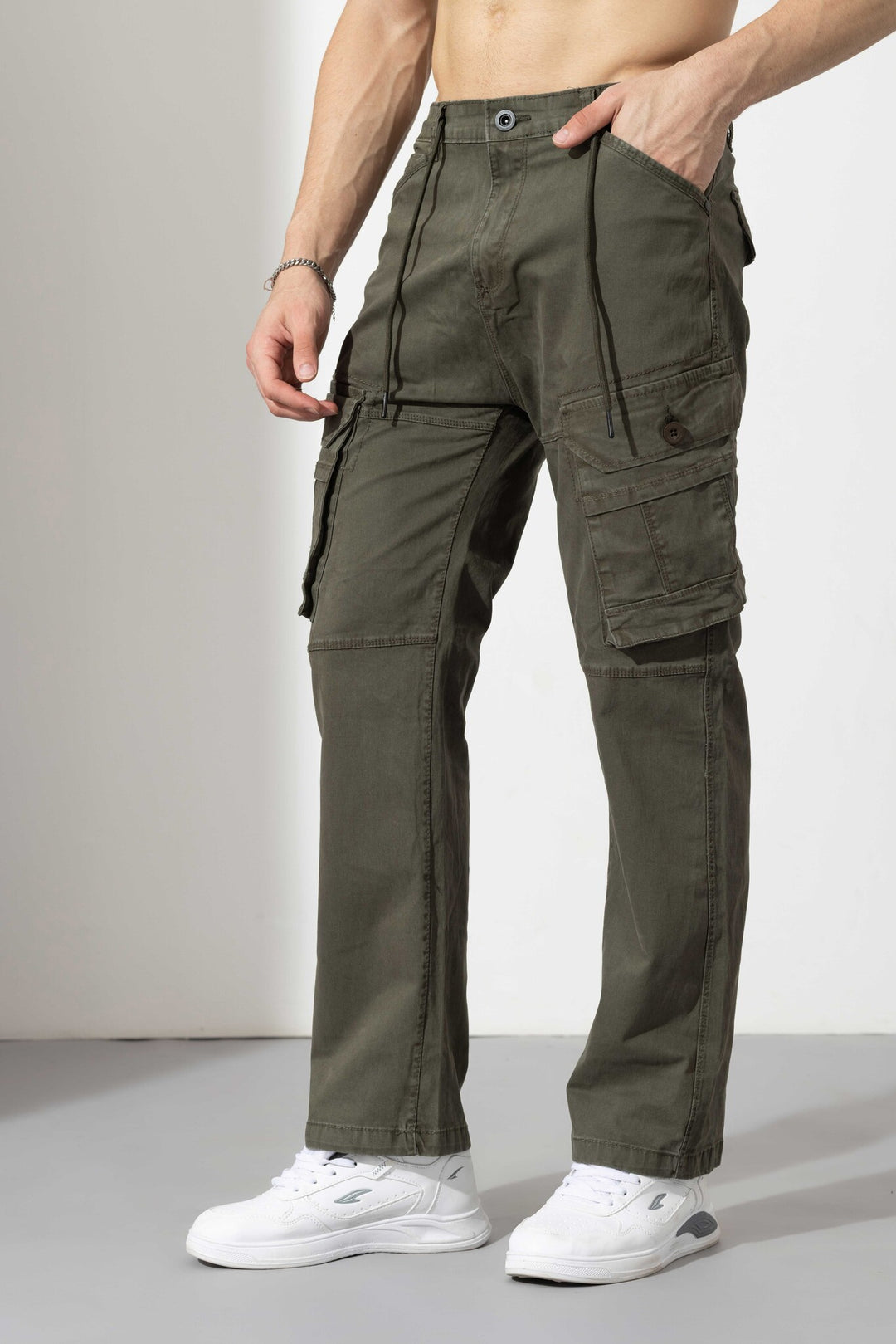 Green Drawstring Closure Multi Pocket Cargo Pants