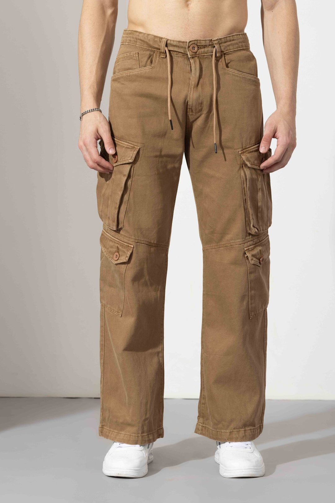 Beige Drawstring Closure Multi Pocket Cargo Pants