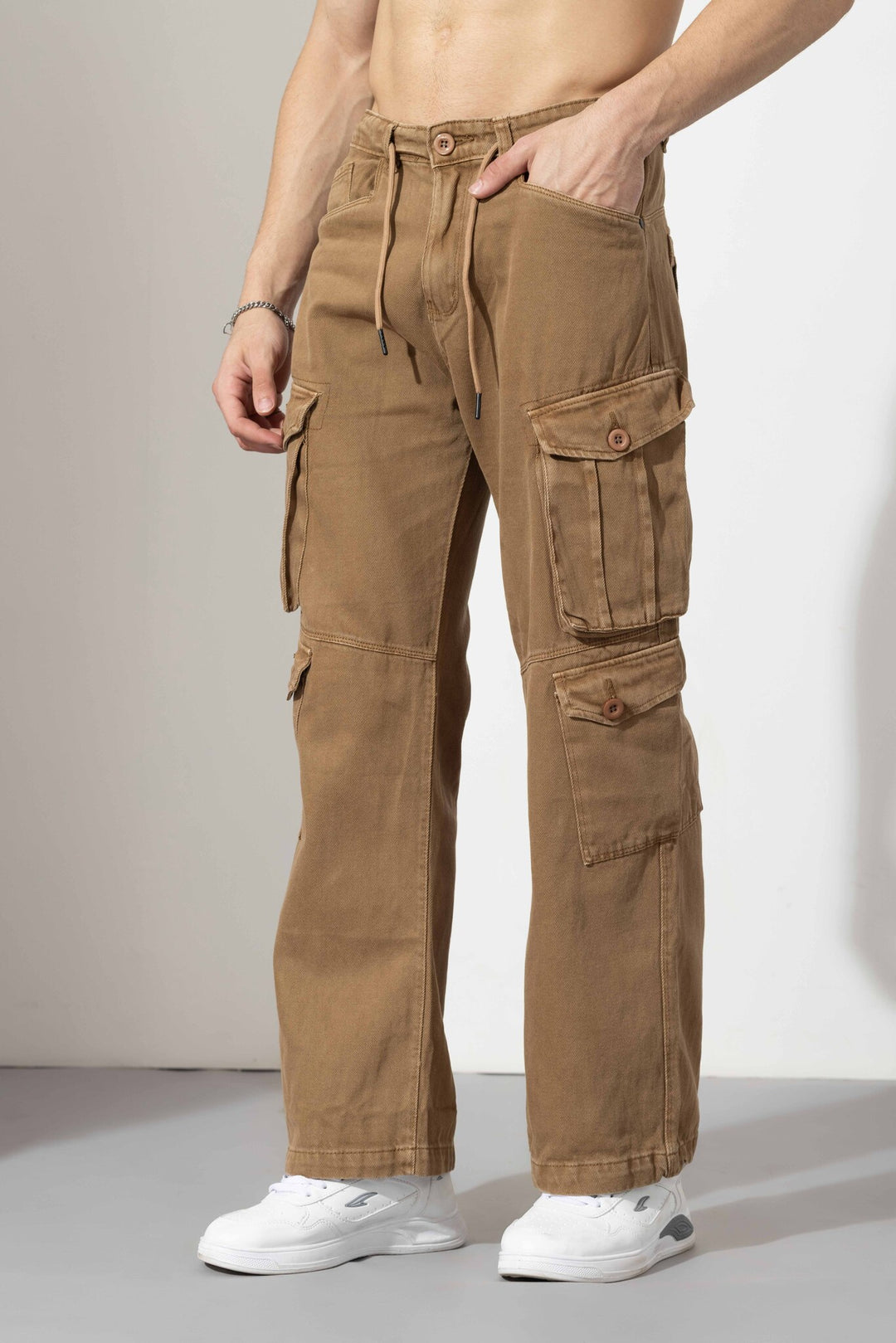 Beige Drawstring Closure Multi Pocket Cargo Pants