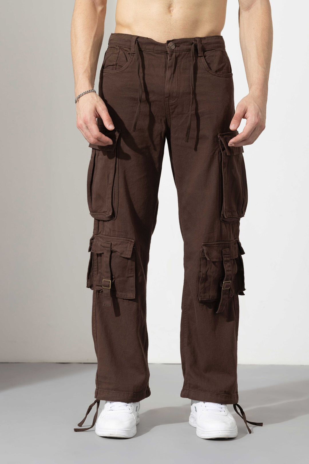 Brown Men Drawstring Cotton Cargo Pant