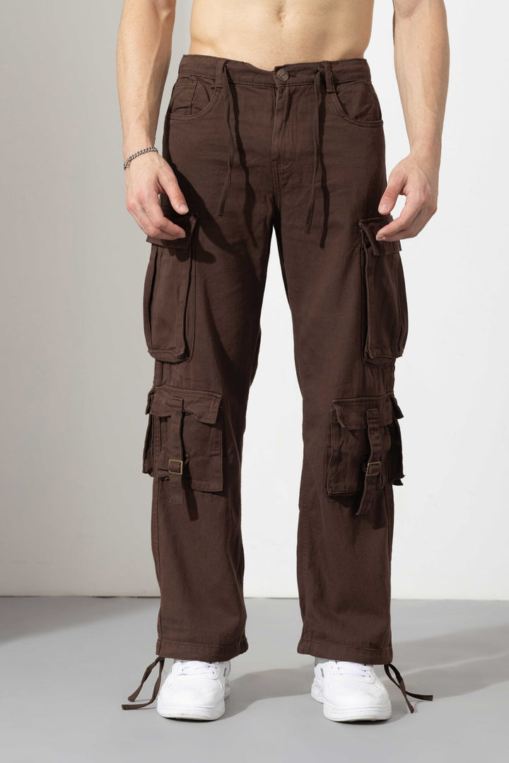 Brown Men Drawstring Cotton Cargo Pant