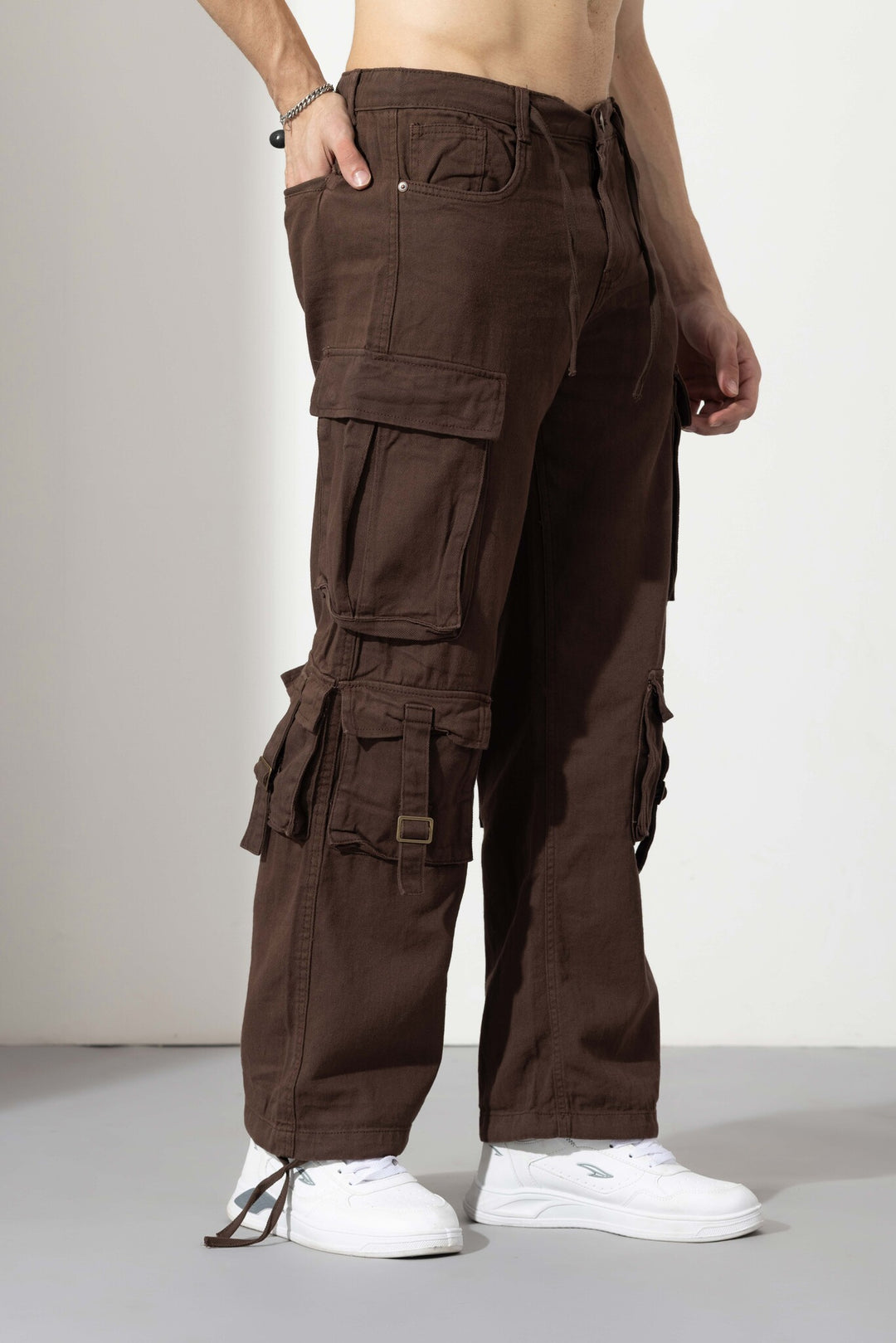 Brown Men Drawstring Cotton Cargo Pant