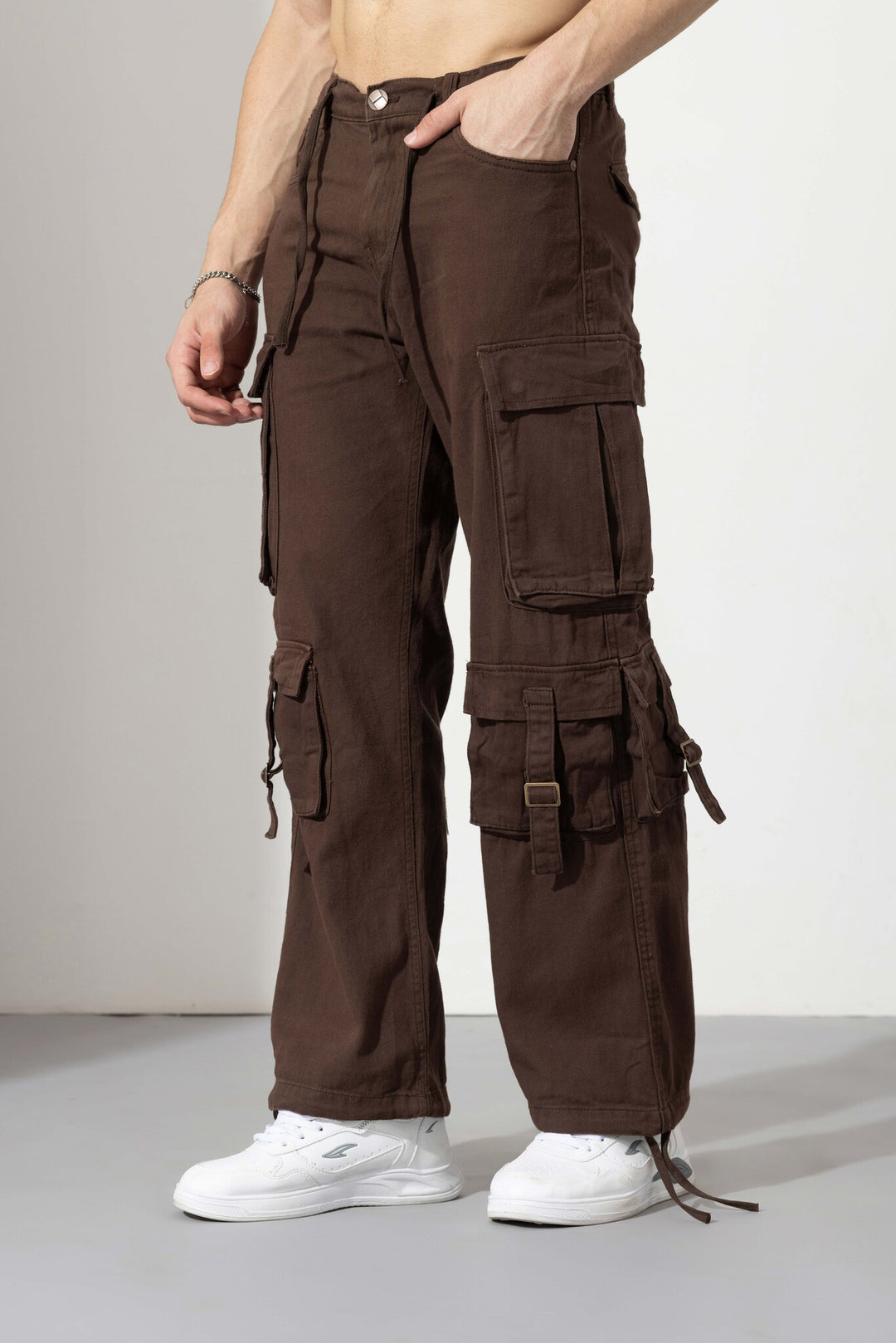 Brown Men Drawstring Cotton Cargo Pant