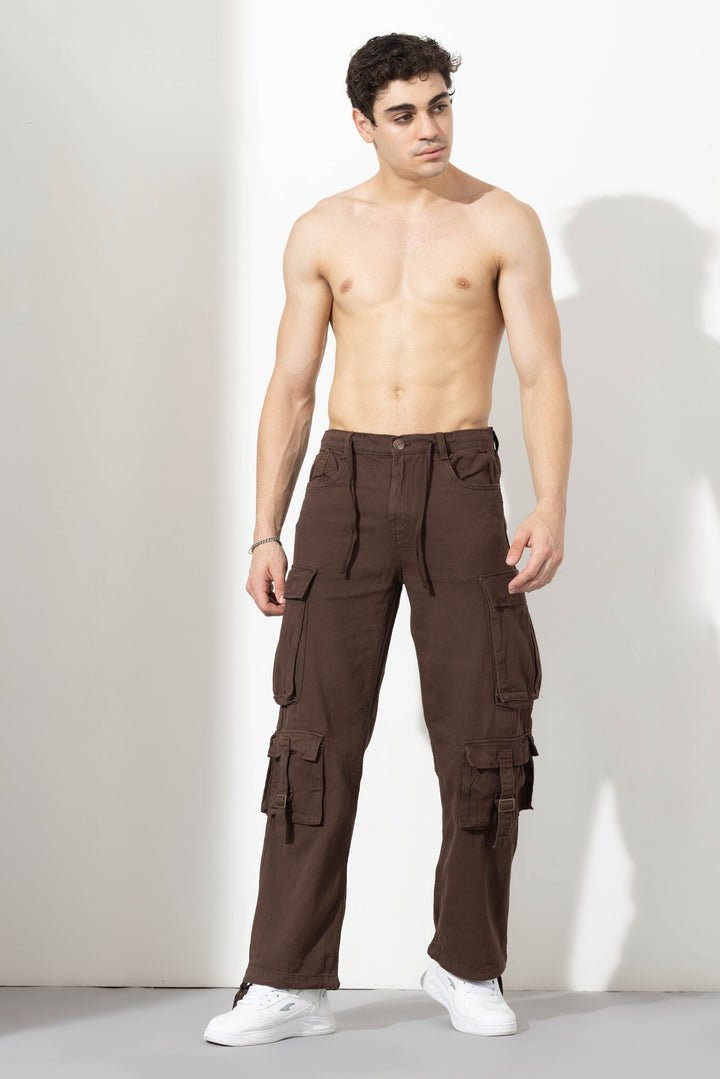Brown Men Drawstring Cotton Cargo Pant