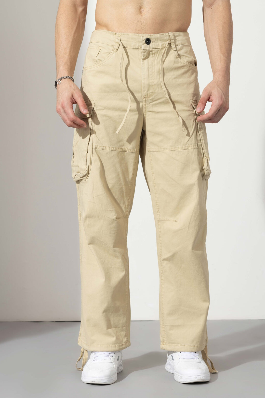 Cream Drawstring Closure Multi Pocket Cargo Pants
